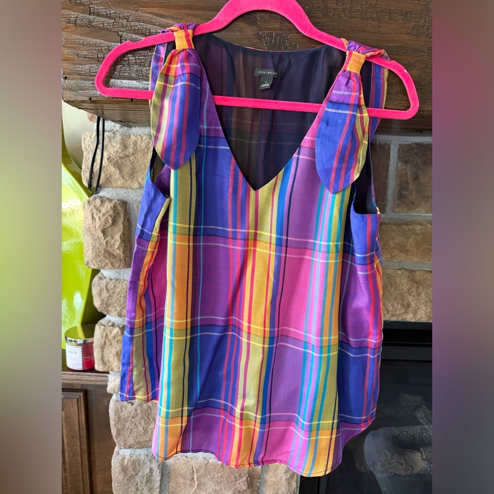 Ann Taylor Madras Shoulder Tie Top